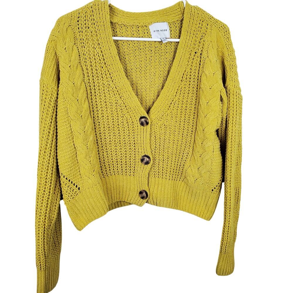 PINK ROSE | Cropped Chunky Knit | Yellow | Cardigan Sweater | Medium